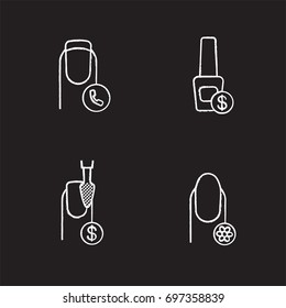 Manicure chalk icons set. Calling to salon, nail polishing prices, oval shaped manicure with flower. Isolated vector chalkboard illustrations