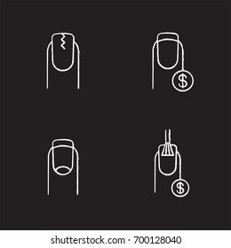 Manicure chalk icons set. Cracked fingernail, french manicure, nail salon services prices. Isolated vector chalkboard illustrations