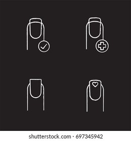 Manicure chalk icons set. Fingernails medical care, square shaped manicure, nails with tick mark and heart. Isolated vector chalkboard illustrations
