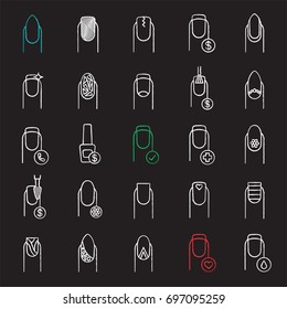 Manicure chalk icons set. Nail salon service. Variety of manicure types. Isolated vector chalkboard illustrations