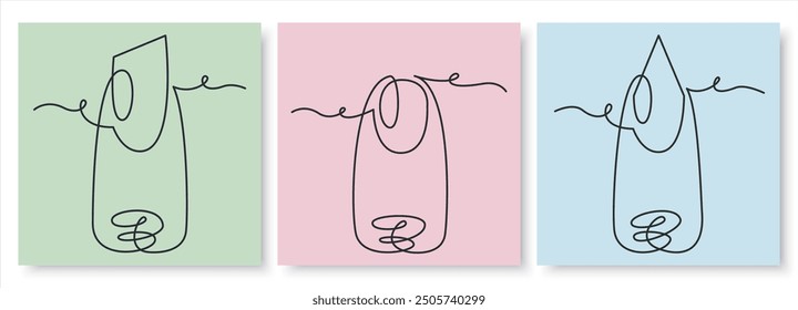 Manicure close-ups of lipstick, natural and pointed nail shapes. Minimalistic monoline illustration. Vector beauty design. One line drawing. Continuously line drawing.