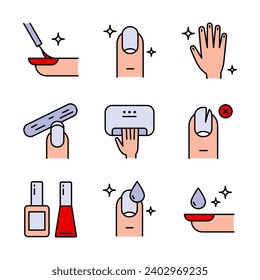 Manicure Farbe Symbol gesetzt. Werkzeuge für kosmetische Schönheitsbehandlungen für die Fingernägel und Hände, einfache Symbole. Nagelpflege. Flache Illustration. Vektorgrafik einzeln.