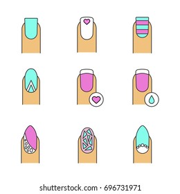 Manicure color icons set. Square shaped, striped, geometric and almond moon, broken glass manicure with rhinestones and beads. Nails with liquid drop and heart shape. Isolated vector illustrations