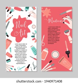 Manicure concept. Beauty studio and salon. Site header, banner, business card, brochure and flyer.Vector cartoon illustration