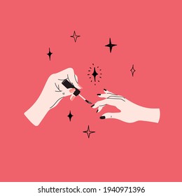 Manicure concept. Girl paints nails to another woman at home. Nail studio, salon. Vector cartoon illustration