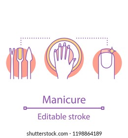 Manicure concept icon. Nail salon idea thin line illustration. Manicure service. Nail polish, instruments. Vector isolated outline drawing