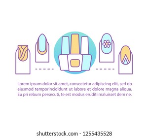 Manicure concept linear illustration. Nail salon. Article, brochure, magazine page layout. Nail polish. Beauty salon. Thin line icons with text boxes. Print design. Vector isolated outline drawing