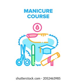 Manicure Course Vector Icon Concept. Manicure Course For Educate Working With Beauty Salon Accessories For Cut And Paint With Varnish Finger Nails. Manicurist Education Color Illustration