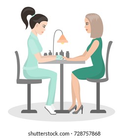Manicure. Customer service in the beauty salon. Nail treatment, hand care. The girl is doing a manicure. Vector illustration