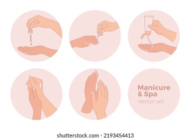 Conjunto de elementos de diseño de manicura. Manos femeninas spa, salón, belleza e íconos de moda.