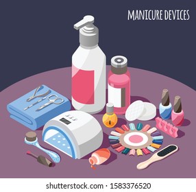 Manicure devices isometric background with nail polish palette kit lamp cotton pads  remover 3d vector illustration