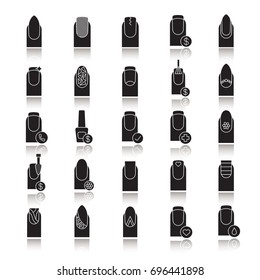 Manicure drop shadow black glyph icons set. Nail salon service. Variety of manicure types. Isolated vector illustrations