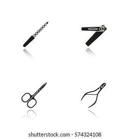 Manicure drop shadow black icons set. Pedicure and manicure equipment. Cuticle nipper, scissors, nail file, tweezers. Isolated vector illustrations
