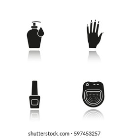 Manicure drop shadow black icons set. Woman's hand with manicure, nail polish bottle, lotion with drop, spa salon manicure bath. Isolated vector illustrations