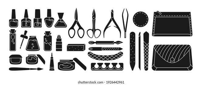 Manicure equipment black glyph set. Polishing nails, polish, file, tweezers, hand cream, scissors, oil, nippers brush. Manicure silhouette tools design elements beauty and Spa concept trendy vector