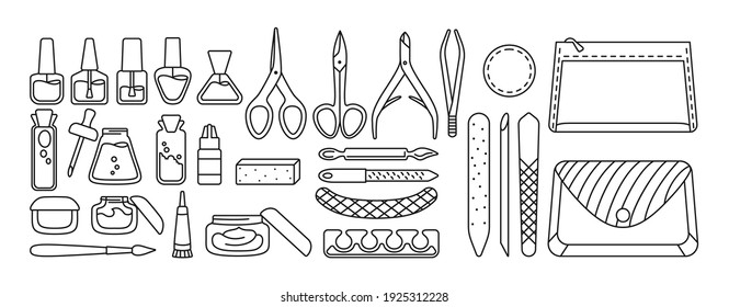 Manicure equipment black line set. Polishing nails, nail polish, file, tweezers, hand cream, scissors, oil, nippers brush. Manicure outline tools design elements beauty and Spa concept trendy vector