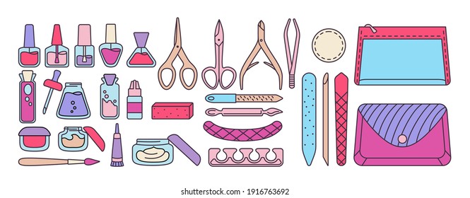 Manicure equipment bright set. Line polishing nails, nail polish, file, tweezers, hand cream, scissors, oil, nippers brush. Manicure outline tools design elements beauty and Spa concept trendy vector