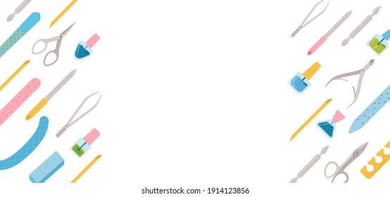 Manicure equipment cartoon background for text. Spa concept polishing nails, nail polish, file, tweezers, hand cream, scissors, oil, nippers and brush. Beauty trendy graphic vector illustration