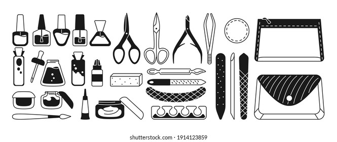 Manicure equipment monochrome set. Black glyph polishing nails, polish, file, tweezers, hand cream, scissors, oil, nippers. Manicure tools design elements beauty and Spa concept trendy vector