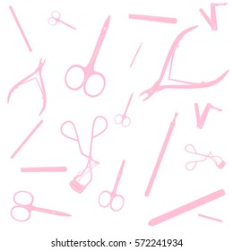 Manicure equipment pattern. Pink images, white background