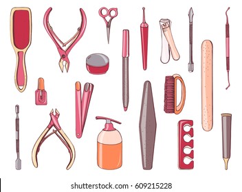 Manicure equipment set. Collection different tool: nailfile, clippers, scissors. Hand drawn  colorful illustration.
