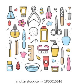 Manicure equipment set. Collection hand drawn different tools. Doodle sketch style. Vector colorful illustration for banner, website, landing page, background.