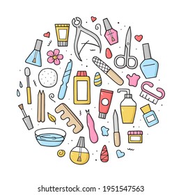 Manicure equipment set. Collection hand drawn different tools. Doodle sketch style. Vector colorful illustration for icon, website, landing page, background.