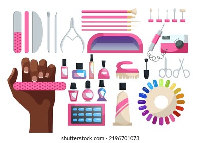 Manicure equipment or tools vector illustrations set. Cartoon drawings of female hand, different accessories and products for nail art, nail polish, file, scissors. Manicure, beauty salon concept