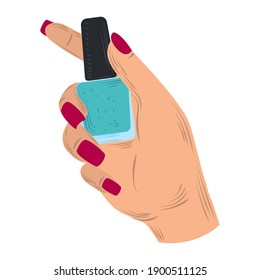 manicure female hand holding nail polish care tool in cartoon style vector illustration