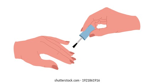 Manicure. Female manicured hands. Lady painting, polishing nails. Beautiful woman hands with beige nail polish. Vector stock illustration. Hand-drawn trendy graphics. Beauty concept.