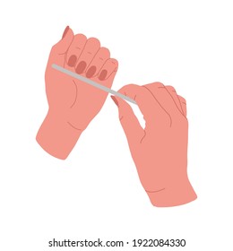 Manicure. Female manicured hands. Lady painting, polishing nails. Beautiful woman hands with beige nail polish. Vector stock illustration. Hand-drawn trendy graphics. Spa treatment beauty concept.
