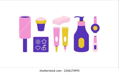 
Conjunto De Arte Plano De Manicura. Botellas minimalistas, tuiki, sello, placa con diseños. Colores brillantes y de moda. Rosa, morado, amarillo. Adecuado para la industria de la belleza. Genial para infografías, web, impresión.