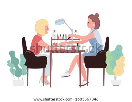 Manicure flat color vector characters. Woman polishing nails on hand. Cosmetic treatment for caucasian female client. Painting fingernails. Beauty salon procedure isolated cartoon illustration