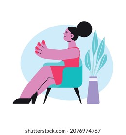 Composición plana de manicura con imágenes de mujer feliz sentada en silla mirando las uñas coloradas ilustración vectorial
