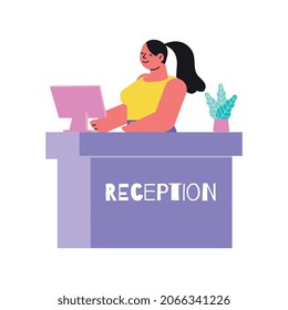 Manicure flat composition with isolated view of reception counter with female character vector illustration