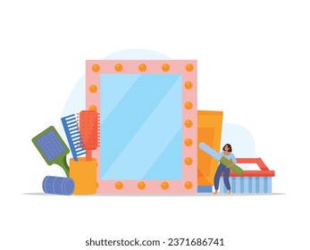 Manicure flat composition with nail care products and mirror vector illustration