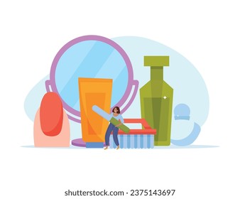 Manicure flat concept with human finger and nail care products vector illustration