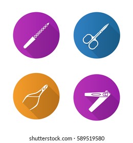 Manicure flat design long shadow icons set. Pedicure and manicure equipment. Cuticle nipper, scissors, nail file, tweezers. Vector silhouette illustration