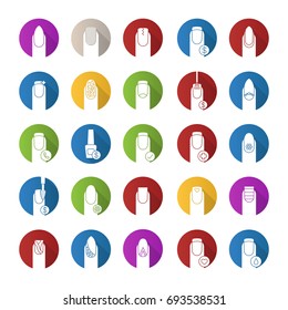 Manicure flat design long shadow glyph icons set. Nail salon service. Variety of manicure types. Vector silhouette illustration