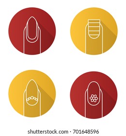 Manicure flat linear long shadow icons set. Almond shaped nail with reverse moon and beads, stripes and flower. Manicure types. Vector outline illustration