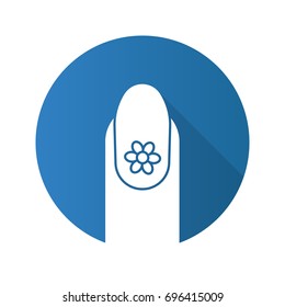 Manicure with flower flat design long shadow glyph icon. Oval shaped nail with floral design. Vector silhouette illustration