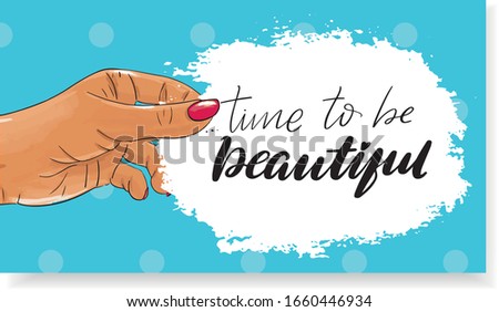 Manicure gift voucher card template. Pop art discount coupon or certificate layout with polka dot shape pattern. Vector fashion bright background design with information text. Time to be beautiful.