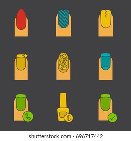 Manicure glyph color icon set. Almond shaped, matte, broken glass, french manicure, cracked fingernail, call to nail salon. Silhouette symbols on black backgrounds. Negative space. Vector illustration