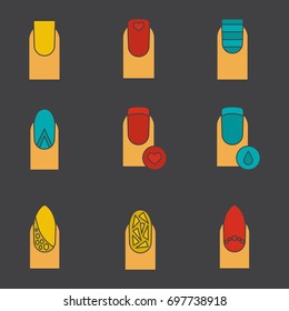 Manicure glyph color icon set. Silhouette symbols on black backgrounds. Square shaped, almond moon, broken glass manicure. Nails with liquid drop and heart shape. Negative space. Vector illustrations