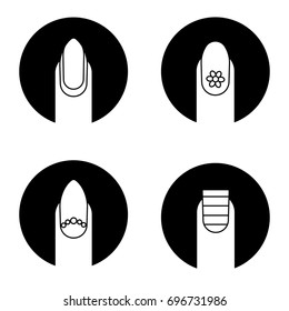 Manicure glyph icons set. Almond shaped nail with reverse moon and beads, stripes and flower. Manicure types. Vector white silhouettes illustrations in black circles