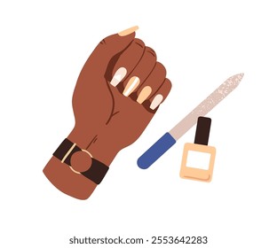 Manicure, groomed hand, polish bottle and file. Elegant neat long nails with decorative varnish design. Modern beauty self-care accessories. Flat vector illustration isolated on white background