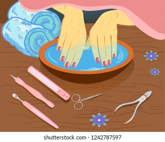 Manicure, hand care. Woman s manicured hands with bowl, tools, vector illustration