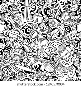 Manicure hand drawn doodles seamless pattern. Nails art background. Cartoon cosmetic fabric print design. Sketchy vector illustration. All objects are separate.