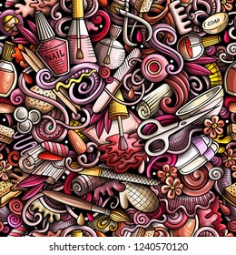 Manicure hand drawn doodles seamless pattern. Nails art background. Cartoon cosmetic fabric print design. Colorful vector illustration. All objects are separate.