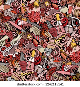 Manicure hand drawn doodles seamless pattern. Nails art background. Cartoon cosmetic fabric print design. Colorful vector illustration. All objects are separate.